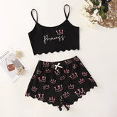 Pyjama Femme Court Shorts + Crop Top Couronnes en Coton | CozyCloud