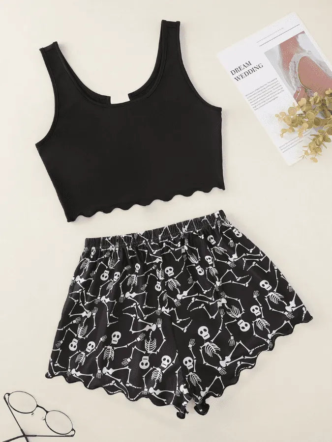 Pyjama Femme Court Shorts + Crop Top Squelettes en Coton | CozyCloud