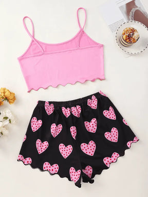 Pyjama Femme Court Shorts + Crop Top Coeurs Roses en Coton | CozyCloud