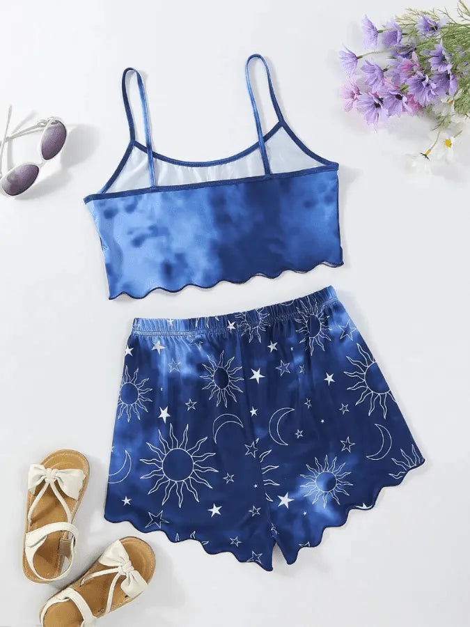 Pyjama Femme Court Shorts + Crop Top TieDye Étoiles en Coton | CozyCloud