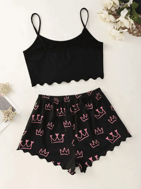 Pyjama Femme Court Shorts + Crop Top Couronnes en Coton | CozyCloud