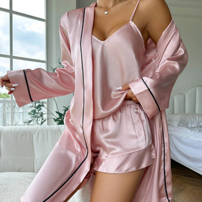 Pyjama Femme Ensemble Débardeur + Shorts + Peignoir avec Nœud en 100% Satin | CozyCloud