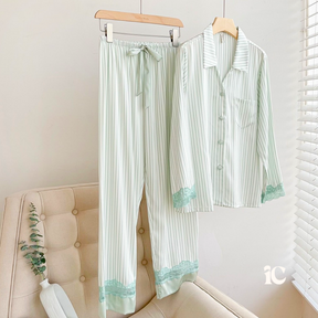 Pyjama Femme Long Pantalon + Chemise à Manches Longues Rayé en Coton | CozyCloud