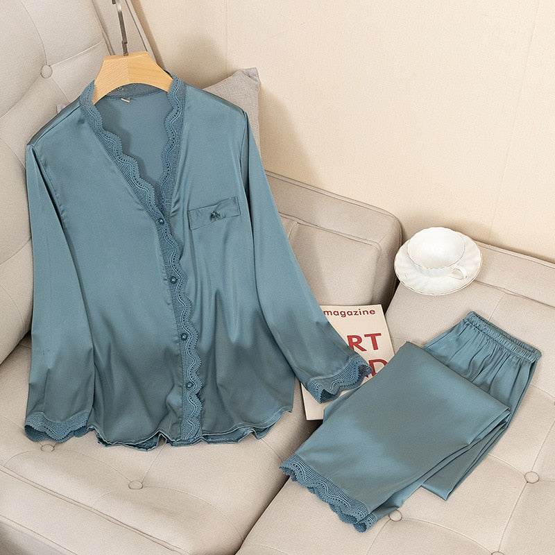 Pyjama Femme Long Pantalon + Chemise à Manches Longues Détails en 100% Satin | CozyCloud