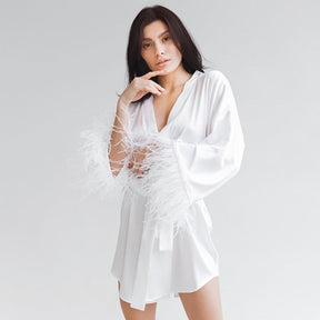 Pyjama Femme Peignoir avec Noeud Plumes en Satin | CozyCloud