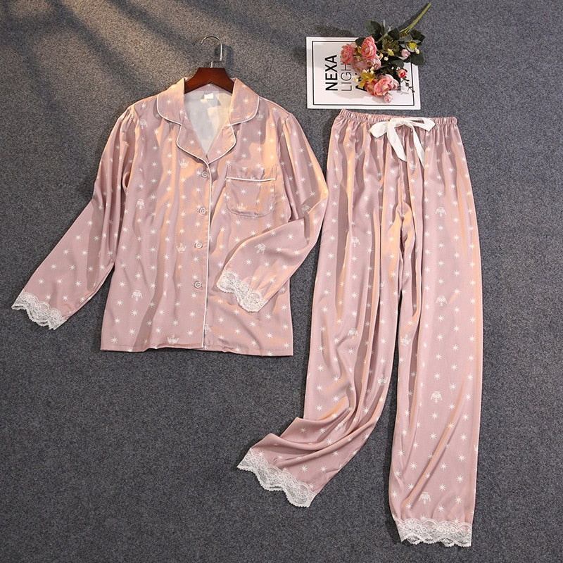 Pyjama Femme Long Pantalon + Chemise à Manches Longues Étoiles en Coton | CozyCloud