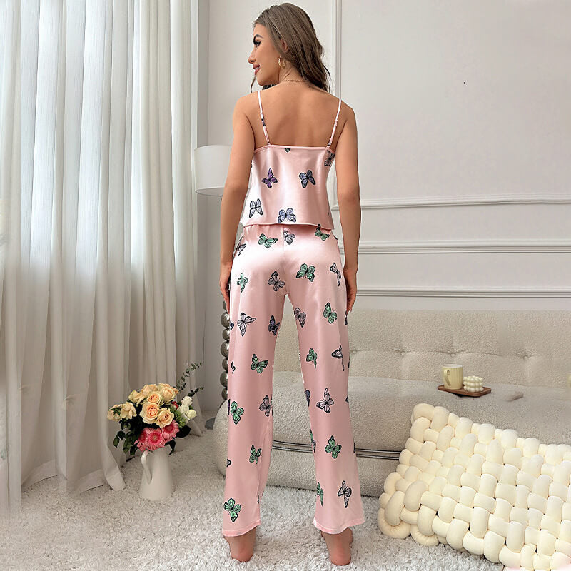 Pyjama Femme Long Pantalon + Débardeur Vol des Papillons en 100% Satin | CozyCloud