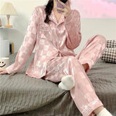 Pyjama Femme Long Pantalon + Chemisier Carreaux Rose en 100% Coton | CozyCloud