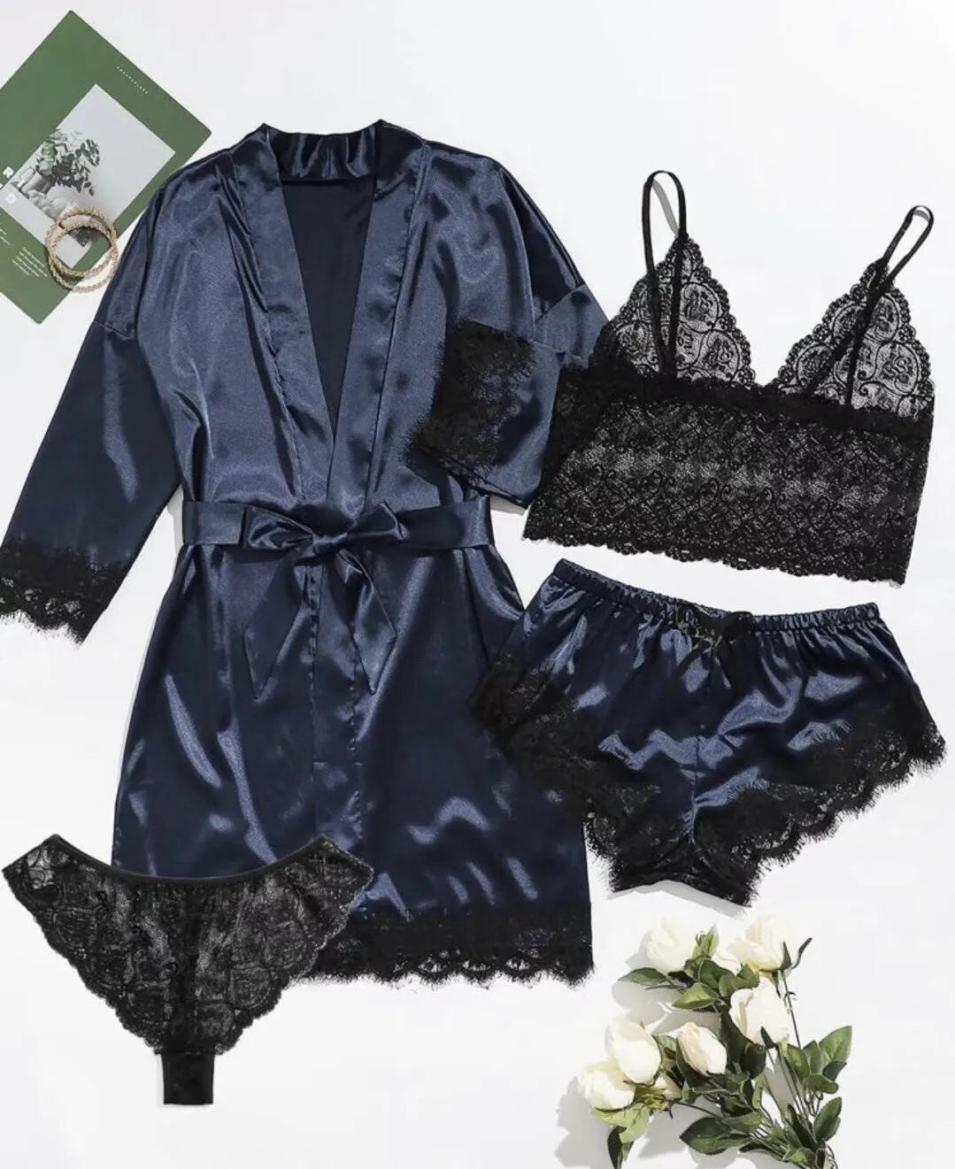 Pyjama Femme Ensemble Culotte + Mini Short + Crop Top + Peignoir avec Nœud Dentelle en Satin | CozyCloud