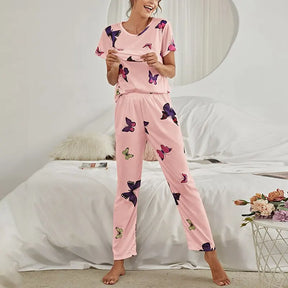 Pyjama Femme Long Pantalon + Chemise à Manches Courtes Vibrants en Coton | CozyCloud