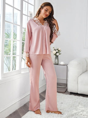 Pyjama Femme Long Pantalon + Chemise à Manches Longues Dentellec en 100% Satin | CozyCloud