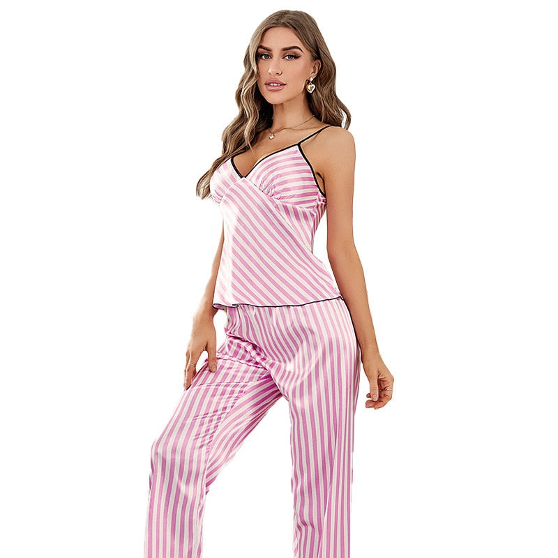 Pyjama Femme Long Pantalon + Débardeur RayéRosé en 100% Satin | CozyCloud