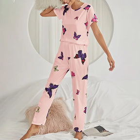 Pyjama Femme Long Pantalon + Chemise à Manches Courtes Vibrants en Coton | CozyCloud