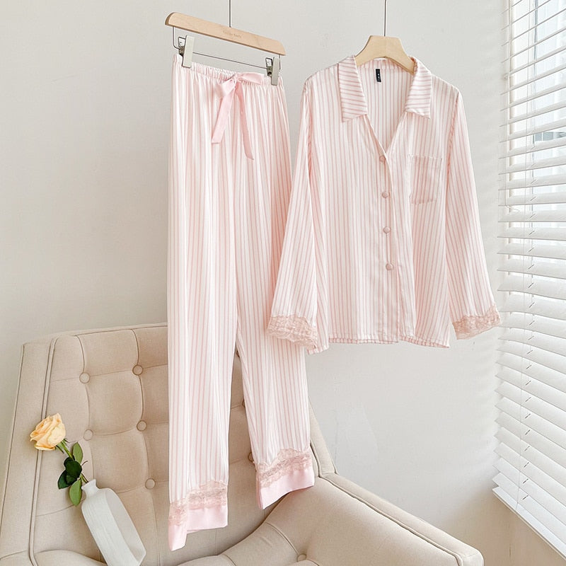 Pyjama Femme Long Pantalon + Chemise à Manches Longues Rayé en Coton | CozyCloud