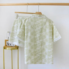 Pyjama Femme Courts Shorts + Chemise à Manches Courtes Feuilles en Coton | CozyCloud