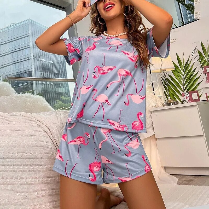 Pyjama Femme Courts Shorts + Chemise à Manches Courtes Flamants en Coton | CozyCloud