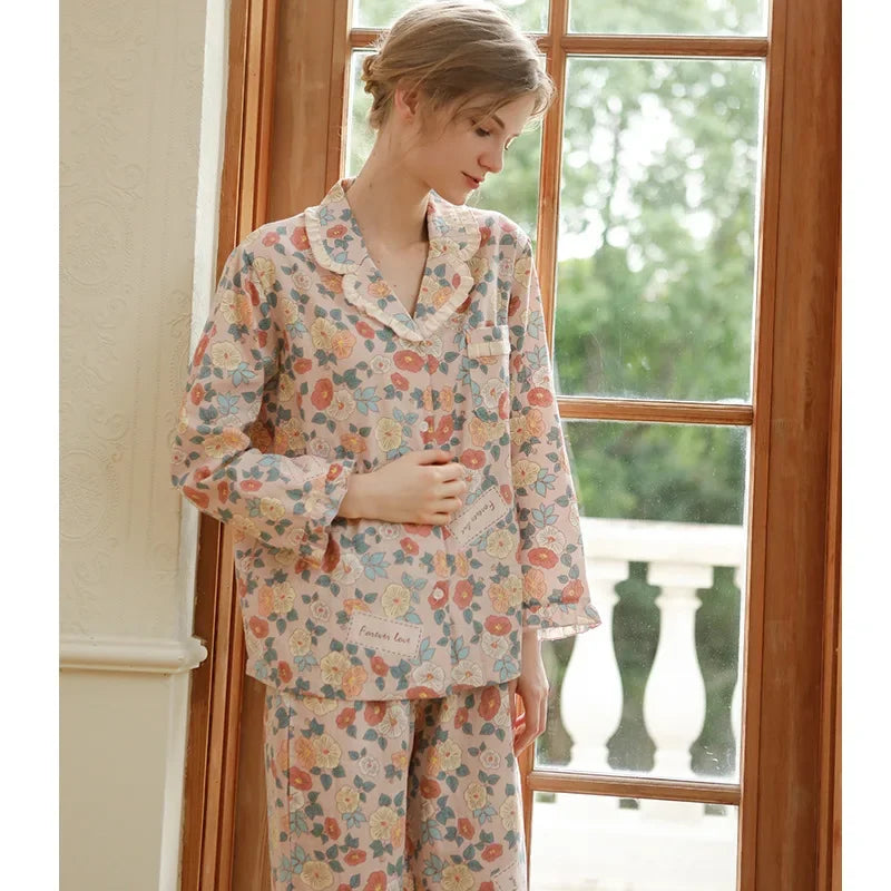 Pyjama Femme Long Pantalon + Chemise à Manches Longues Color en 100% Coton | CozyCloud