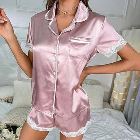 Pyjama Femme Courts Shorts + Chemise à Manches Courtes Boutons en Satin | CozyCloud