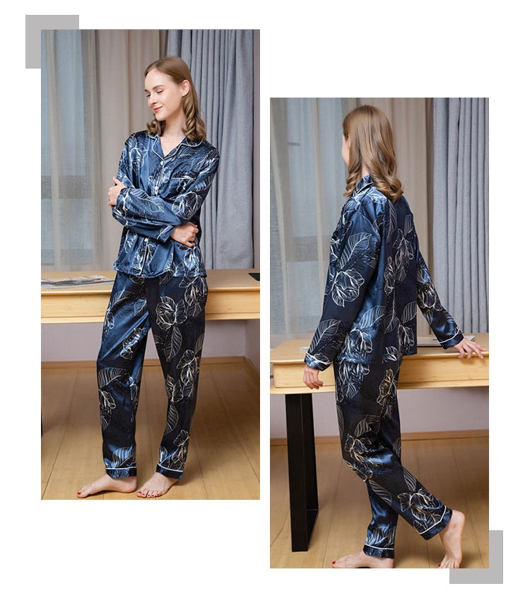 Pyjama Femme Long Pantalon + Chemise à Manches Longues FeuillesBlanches en Satin | CozyCloud