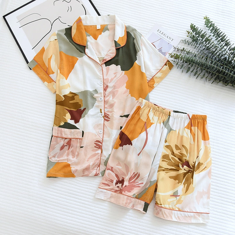 Pyjama Femme Courts Shorts + Chemise à Manches Courtes Fleurs en 100% Viscose | CozyCloud