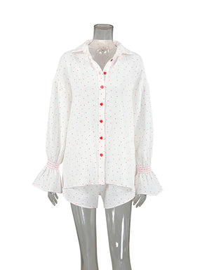 Pyjama Femme Courts Shorts + Chemise à Manches Longues CoeursRouge en 100% Coton | CozyCloud