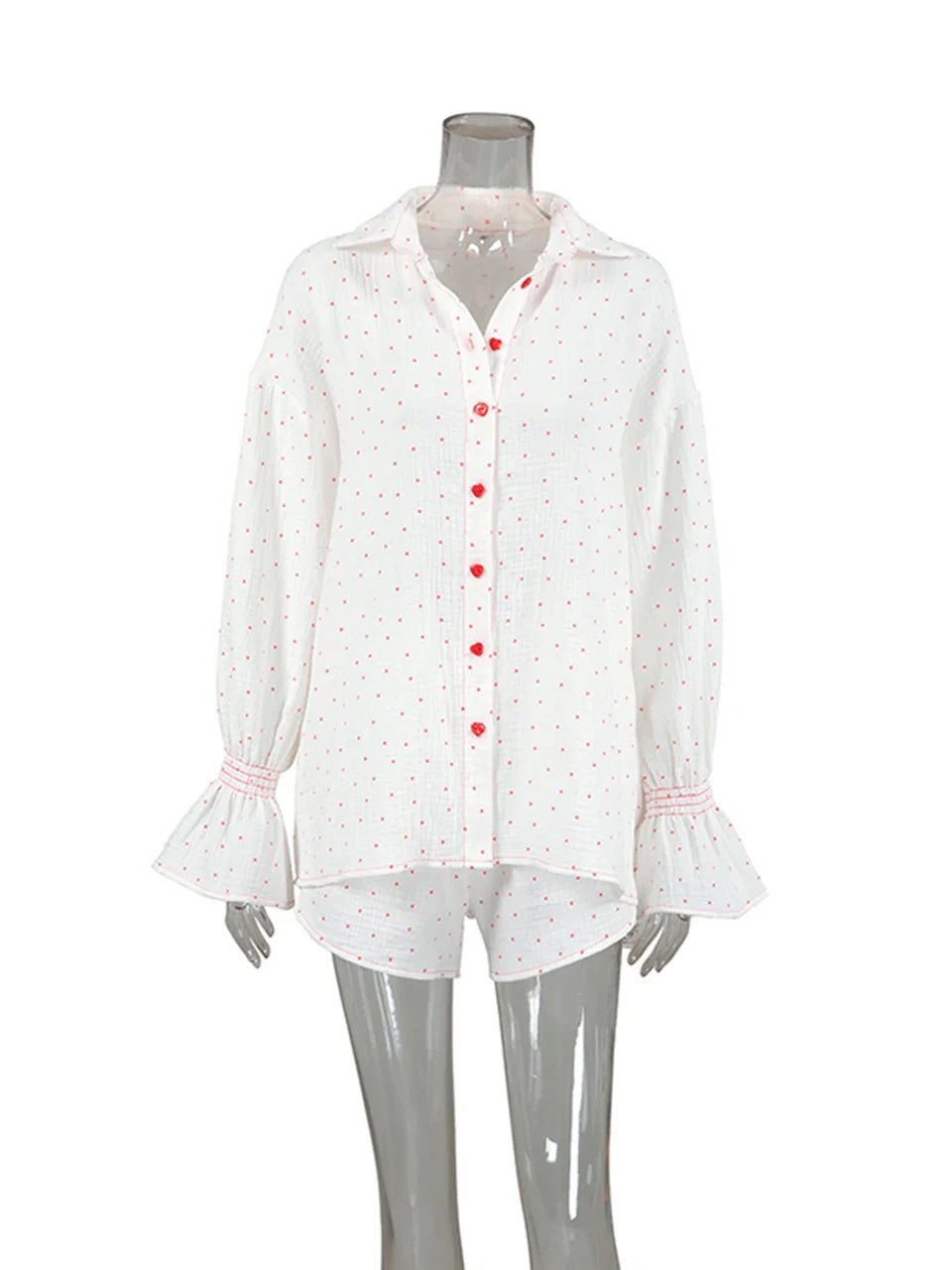 Pyjama Femme Courts Shorts + Chemise à Manches Longues CoeursRouge en 100% Coton | CozyCloud