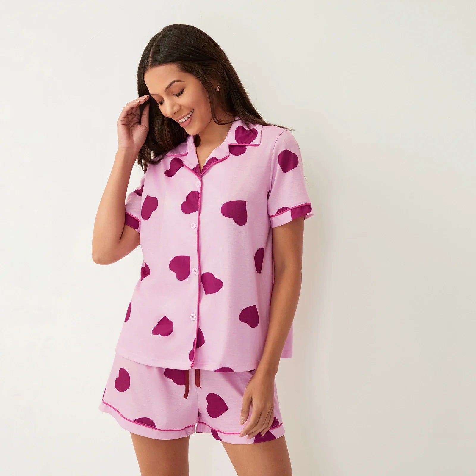 Pyjama Femme Courts Shorts + Chemise à Manches Courtes Violets en Coton | CozyCloud