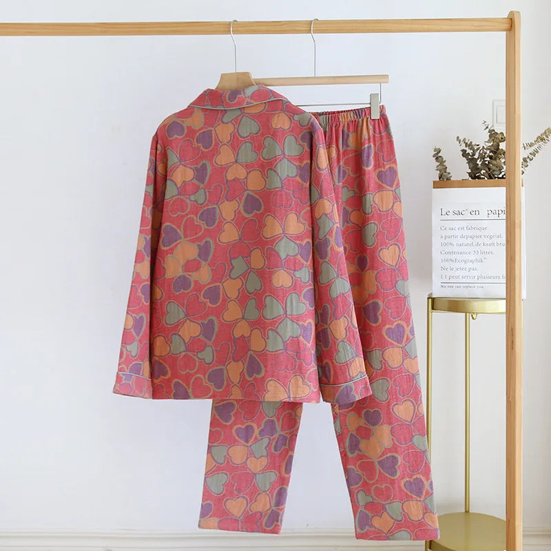 Pyjama Femme Long Pantalon + Chemise à Manches Longues ColoréCoeurs en 100% Coton | CozyCloud