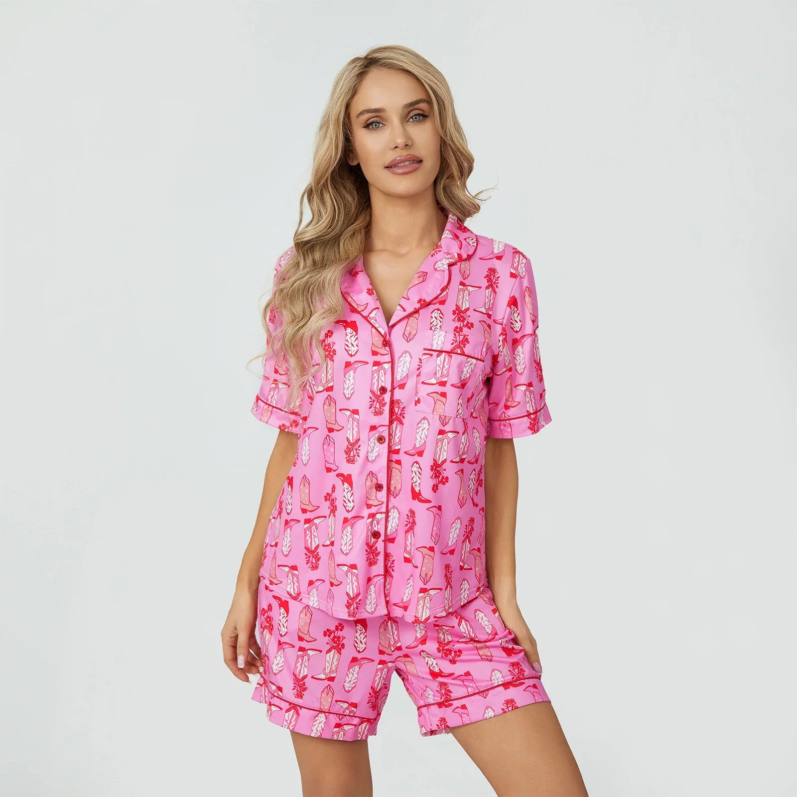 Pyjama Femme Courts Shorts + Chemise à Manches Courtes Cowboy en 100% Satin | CozyCloud