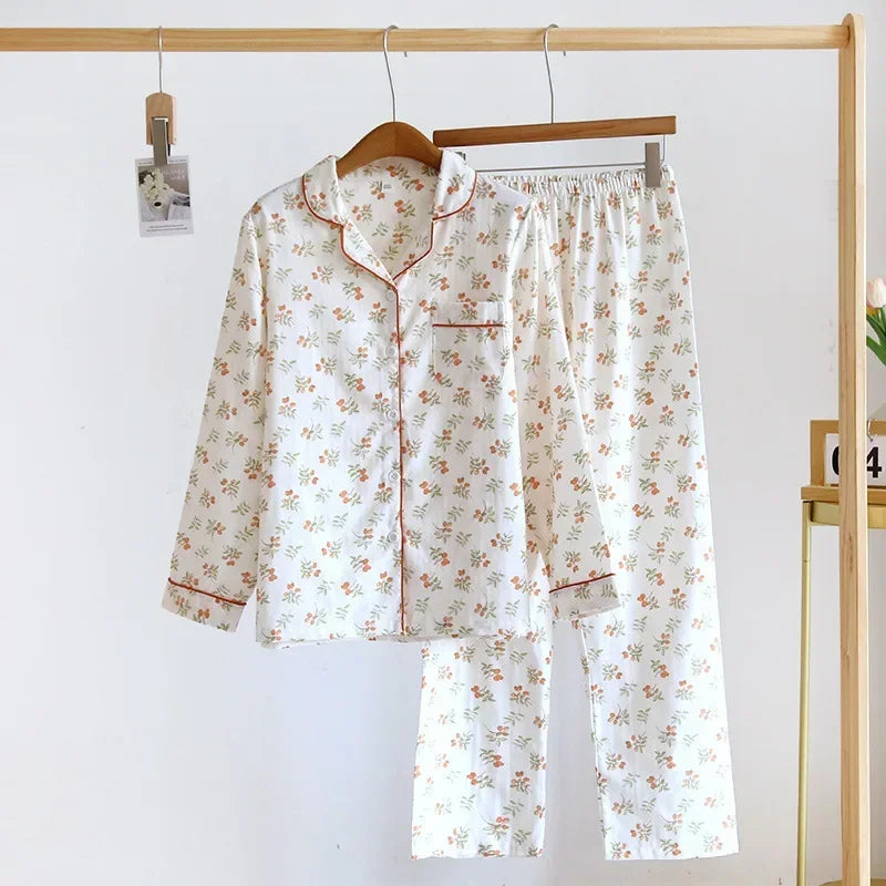 Pyjama Femme Long  Pantalon + Chemise à Manches Longues Tulipes en 100% Coton | CozyCloud