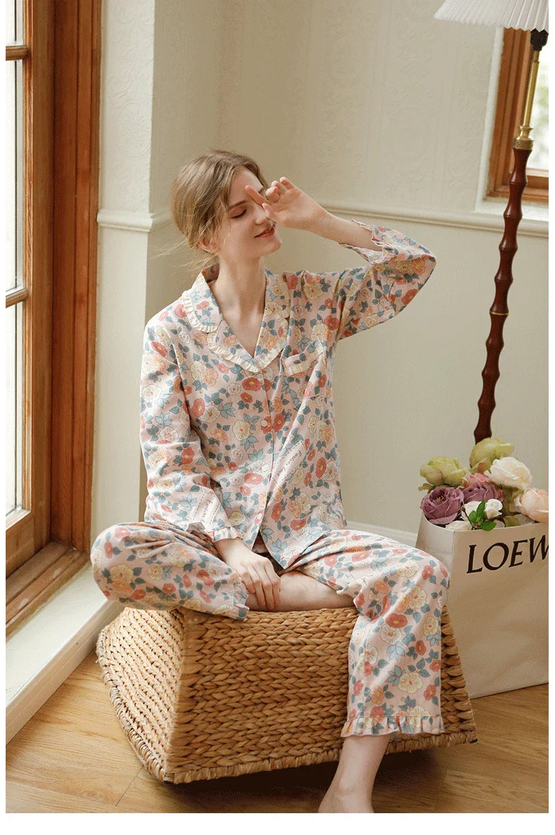 Pyjama Femme Long Pantalon + Chemise à Manches Longues Color en 100% Coton | CozyCloud