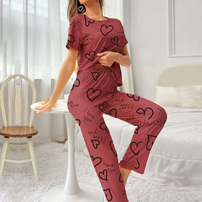 Pyjama Femme Long Pantalon + Chemise à Manches Courtes I Love You en Coton | CozyCloud