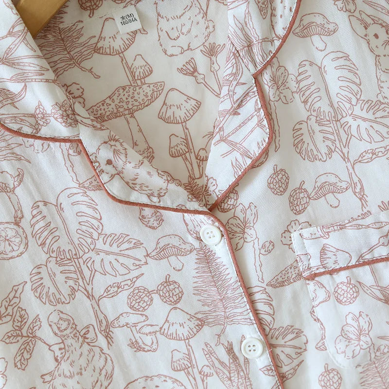 Pyjama Femme Courts Shorts + Chemise à Manches Courtes Champignons en 100% Coton | CozyCloud