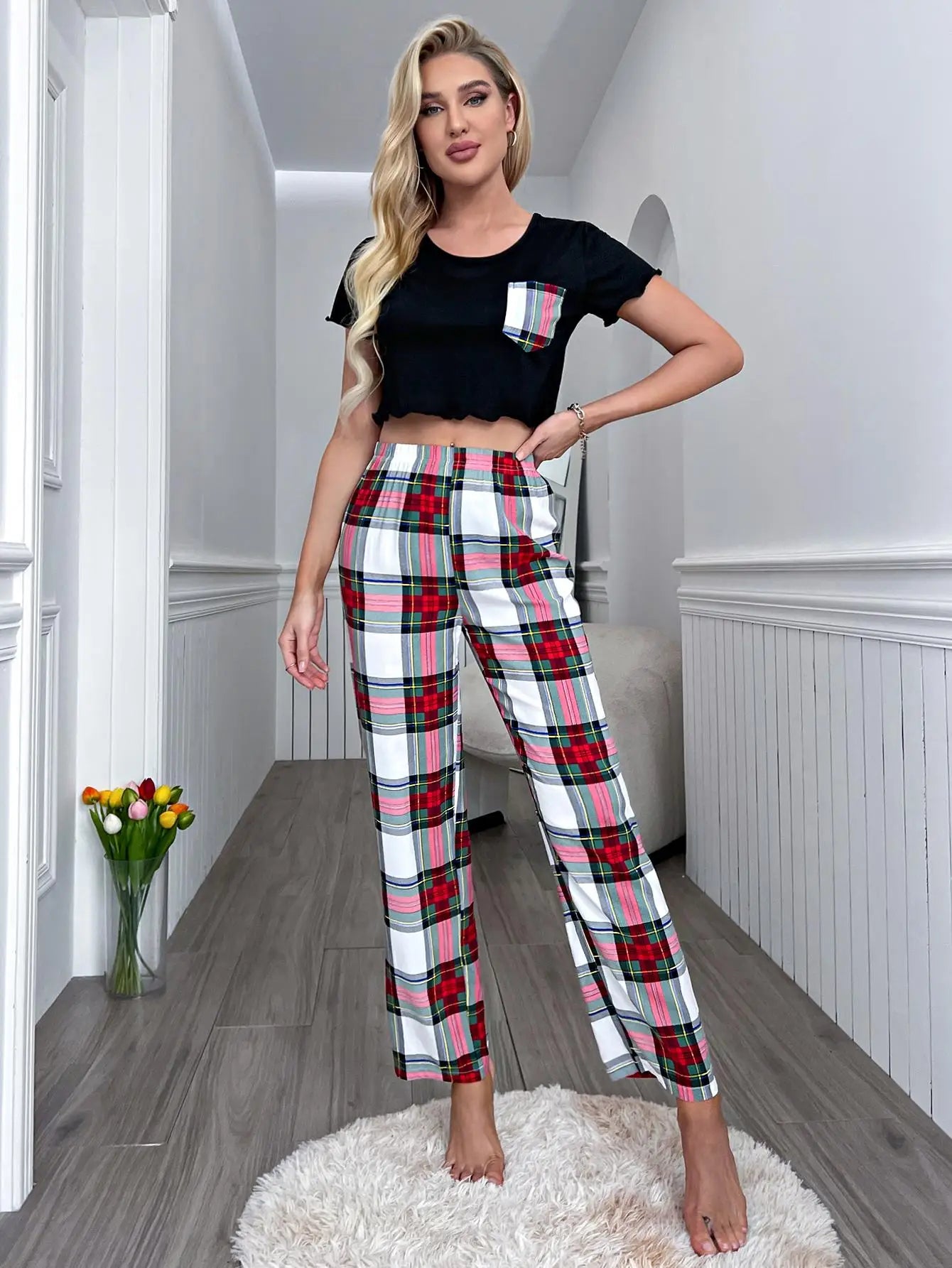 Pyjama Femme Long Pantalon + Crop Top à Manches Courtes Parisian Dream en Viscose | CozyCloud