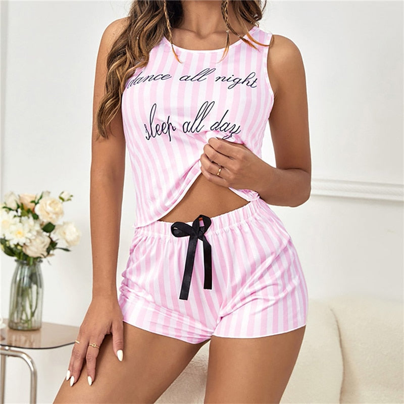 Pyjama Femme Courts Shorts + Débardeur RayéNœud en 100% Coton | CozyCloud