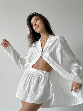 Pyjama Femme Courts Shorts + Chemise à Manches Longues Classe en 100% Coton | CozyCloud