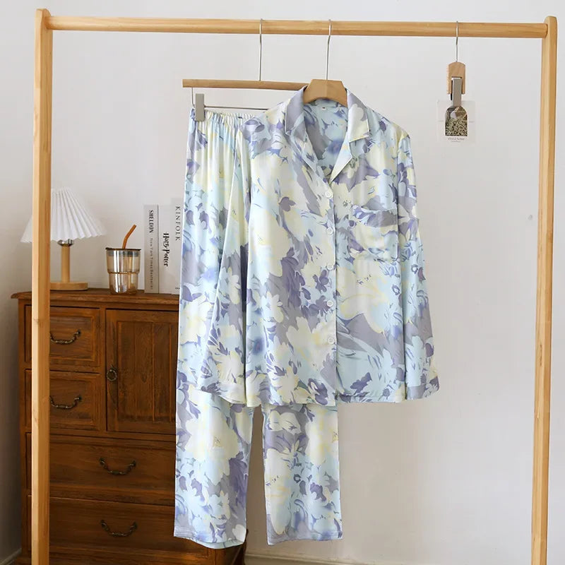 Pyjama Femme Long Pantalon + Chemise à Manches Longues Relle en 100% Viscose | CozyCloud