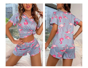 Pyjama Femme Courts Shorts + Chemise à Manches Courtes Flamants en Coton | CozyCloud