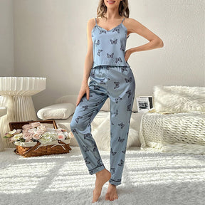 Pyjama Femme Long Pantalon + Débardeur Papillons en Satin | CozyCloud