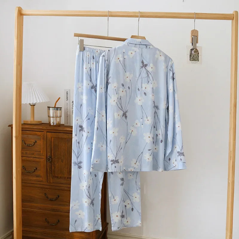 Pyjama Femme Long Pantalon + Chemise à Manches Longues Relle en 100% Viscose | CozyCloud