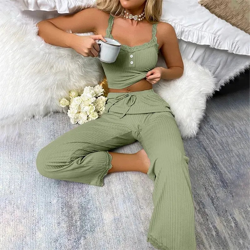 Pyjama Femme Long Pantalon + Débardeur DentelleFleurs en Coton | CozyCloud