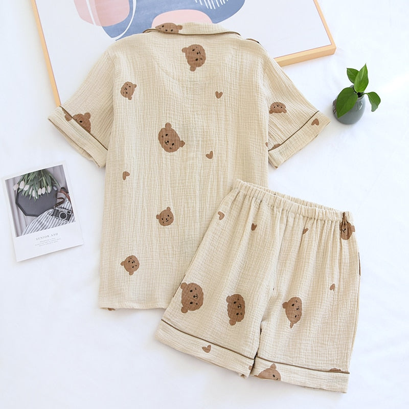 Pyjama Femme Courts Shorts + Chemise à Manches Courtes Ours en 100% Coton | CozyCloud