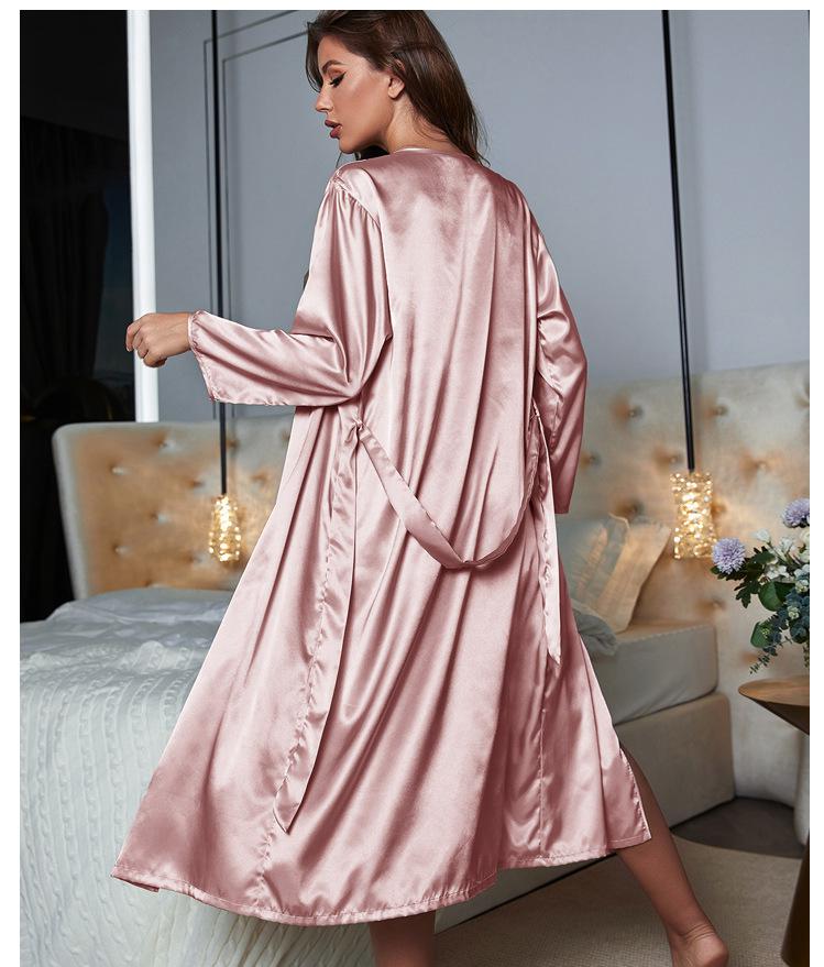 Pyjama Femme Ensemble Peignoir avec Nœud + Nuisette Vibrant en Satin | CozyCloud