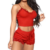 Pyjama Femme Courts Shorts + Crop Top Détails en Dentelle en Coton | CozyCloud