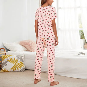 Pyjama Femme Long Pantalon + Chemise à Manches Courtes Cerises en Coton | CozyCloud