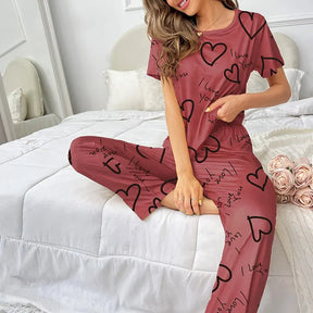 Pyjama Femme Long Pantalon + Chemise à Manches Courtes I Love You en Coton | CozyCloud