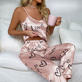 Pyjama Femme Long Pantalon + Débardeur Amour en Satin | CozyCloud