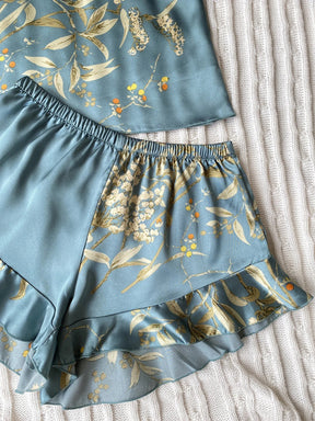 Pyjama Femme Courts Shorts + Débardeur + Petite Pochette FleursDorées en 100% Satin | CozyCloud