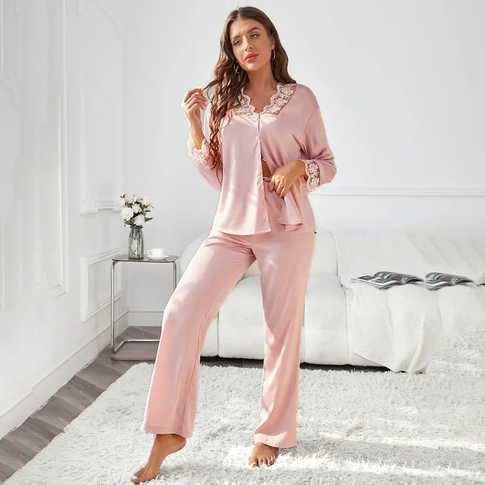 Pyjama Femme Long Pantalon + Chemise à Manches Longues Dentellec en 100% Satin | CozyCloud