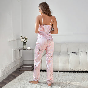 Pyjama Femme Long Pantalon + Débardeur DentelleV en Satin | CozyCloud